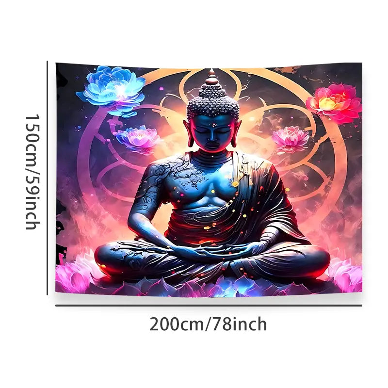 The Giant Buddha Tapestry Wall Hanging Faith Colorful Lotus Polyester Tapestry For Living Room Bedroom Dorm Decor, As Valentine's Day Birthday New Year Gifts For Woman Man Boyfriend/Girlfriend Included Free Accessories