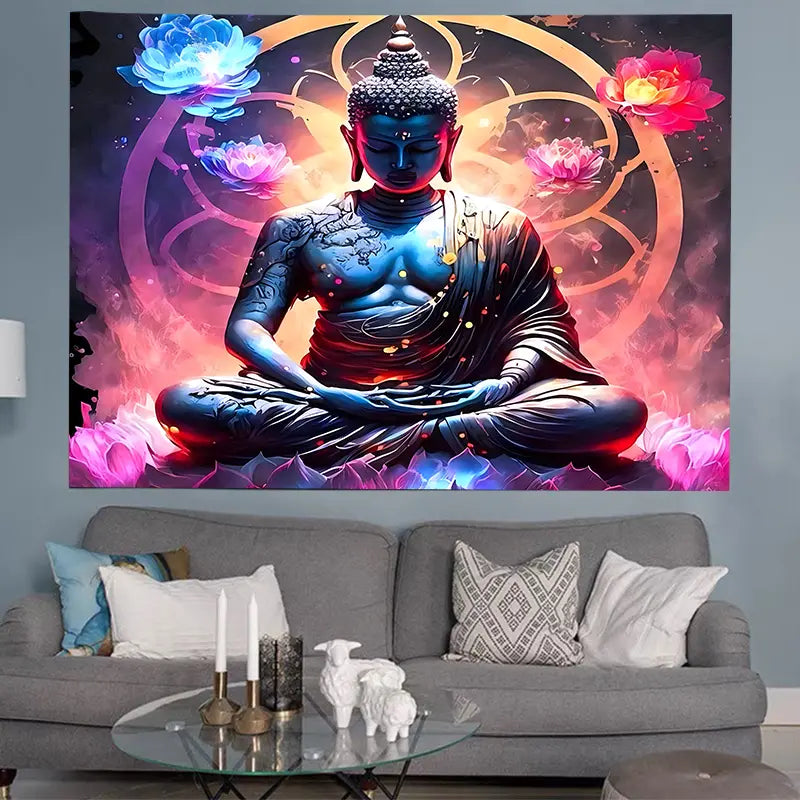 The Giant Buddha Tapestry Wall Hanging Faith Colorful Lotus Polyester Tapestry For Living Room Bedroom Dorm Decor, As Valentine's Day Birthday New Year Gifts For Woman Man Boyfriend/Girlfriend Included Free Accessories