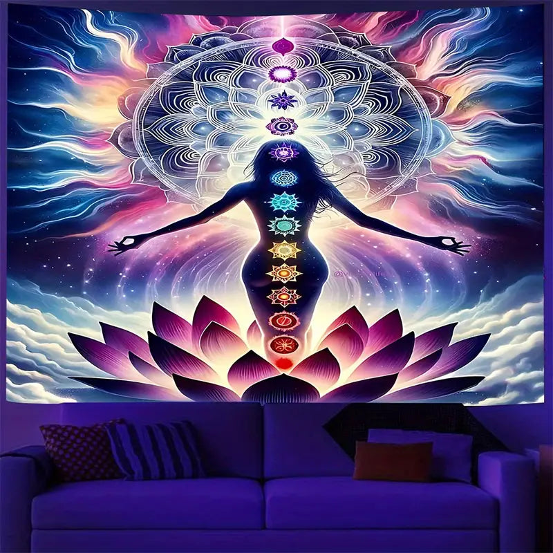 Mystical For Lotus Meditation Tapestry - 37x28" Polyester Wall Hanging for Bedroom, Dorm Decor | Includes Free Accessories