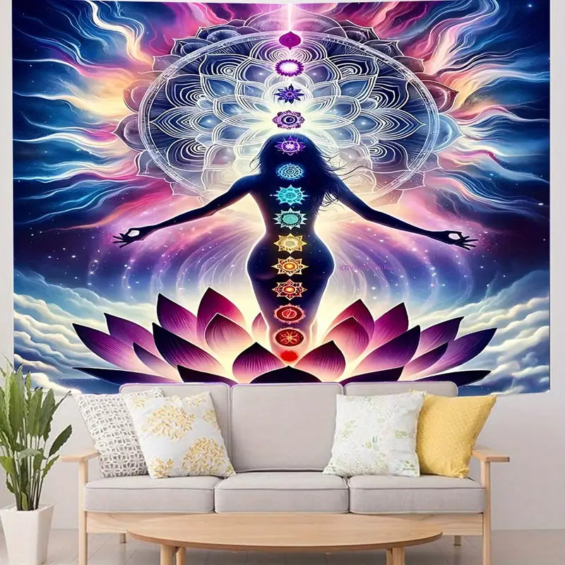 Mystical For Lotus Meditation Tapestry - 37x28" Polyester Wall Hanging for Bedroom, Dorm Decor | Includes Free Accessories