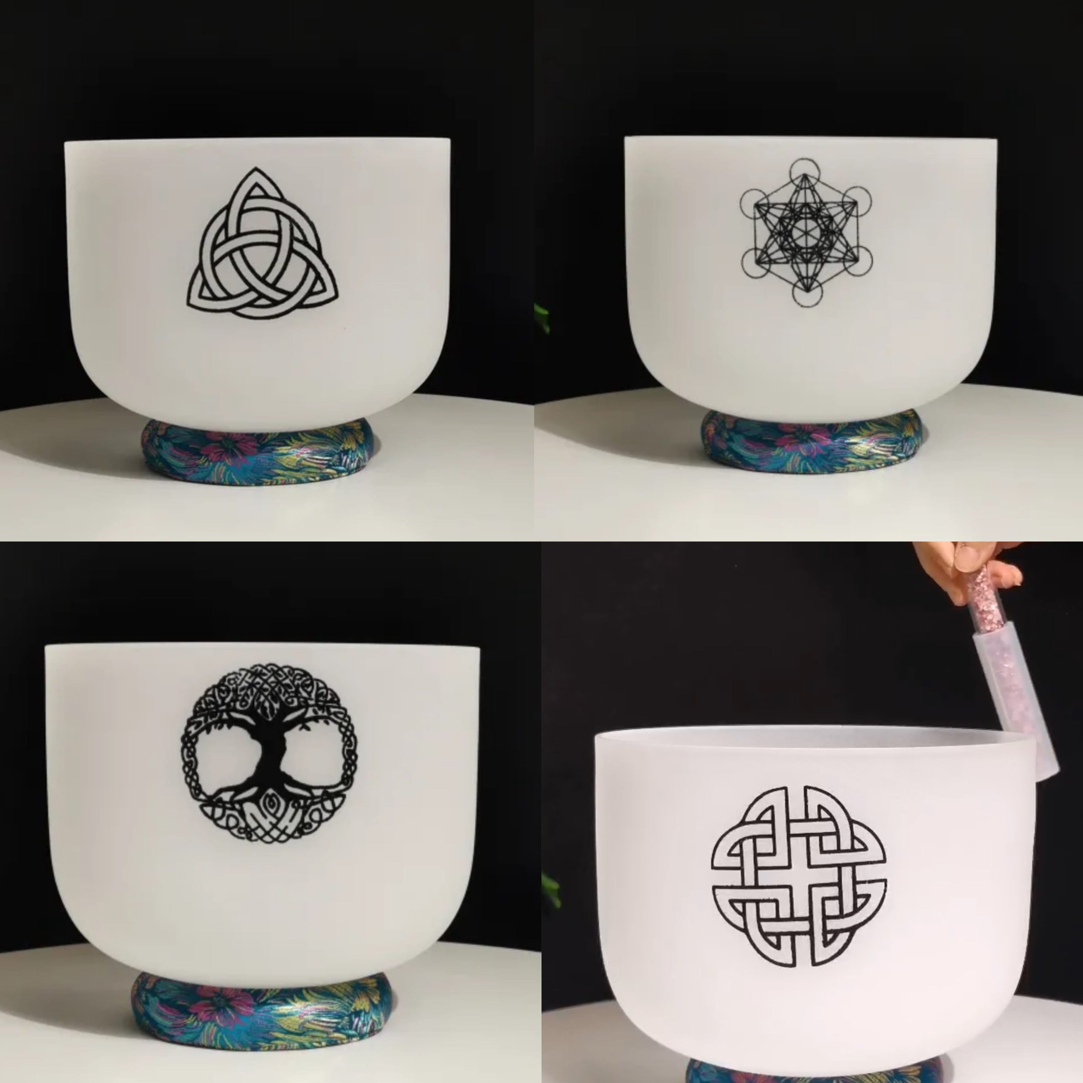 Triquetra, Metatron's Cube, Celtic Quad Closed Knot & Celtic Tree Of Life 432Hz Crystal Singing Bowl with Padded Secure Case  and Striker