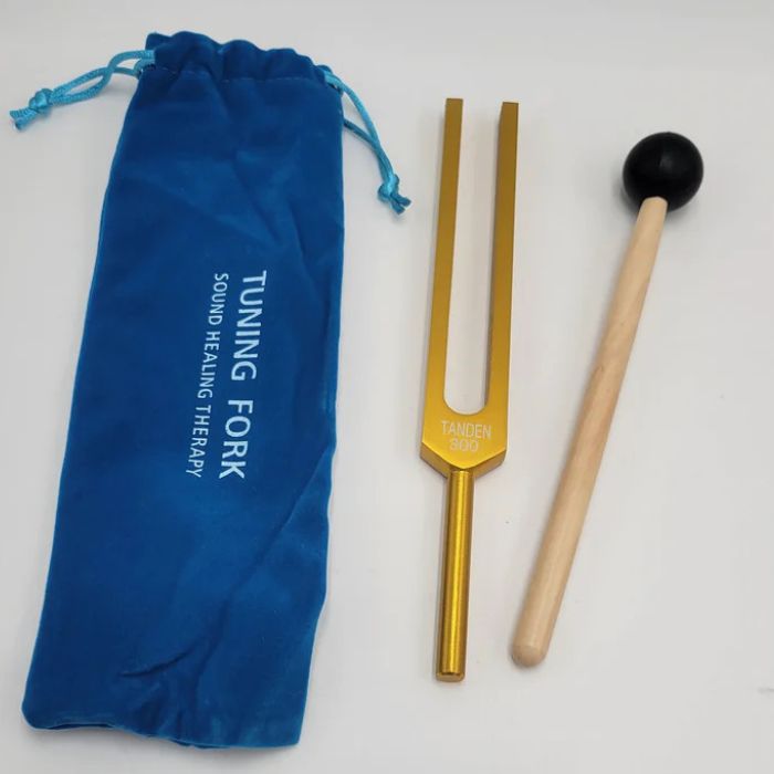 Gold Color Dan Tien Tanden 300Hz Unweighted Tuning Fork with Velvet Drawstring Pouch and Mallet