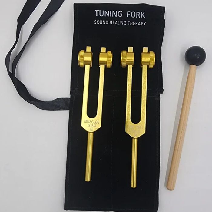 Gold Color Weighted Cellulite Tuning Fork Set - 295.80 Hz and 324 Hz - Sound Healing for Fat Cells and Muscle Growth with Bag and Striker