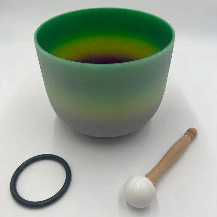 432Hz 9 inch F Note Heart Green Rainbow Color Chakra Crystal Singing Bowl with Striker and O-ring