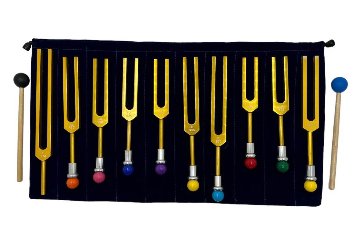 Harmony Haven: 9-Piece Secret Solfeggio Gold Tuning Fork Set with Heart Om and Removable Buddha Bead Striker - Includes Bag - Thecosmicaccess