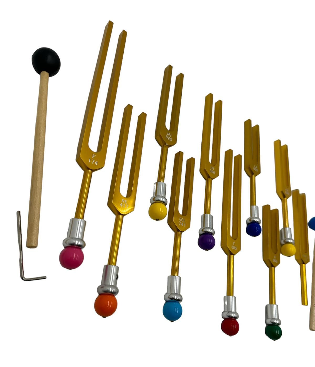 Harmony Haven: 9-Piece Secret Solfeggio Gold Tuning Fork Set with Heart Om and Removable Buddha Bead Striker - Includes Bag - Thecosmicaccess