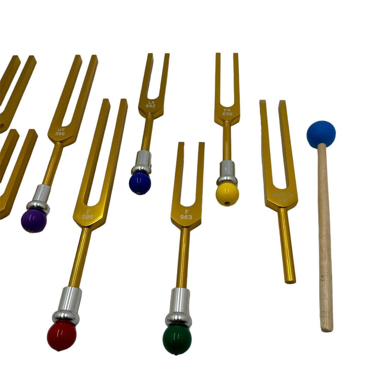 Harmony Haven: 9-Piece Secret Solfeggio Gold Tuning Fork Set with Heart Om and Removable Buddha Bead Striker - Includes Bag - Thecosmicaccess