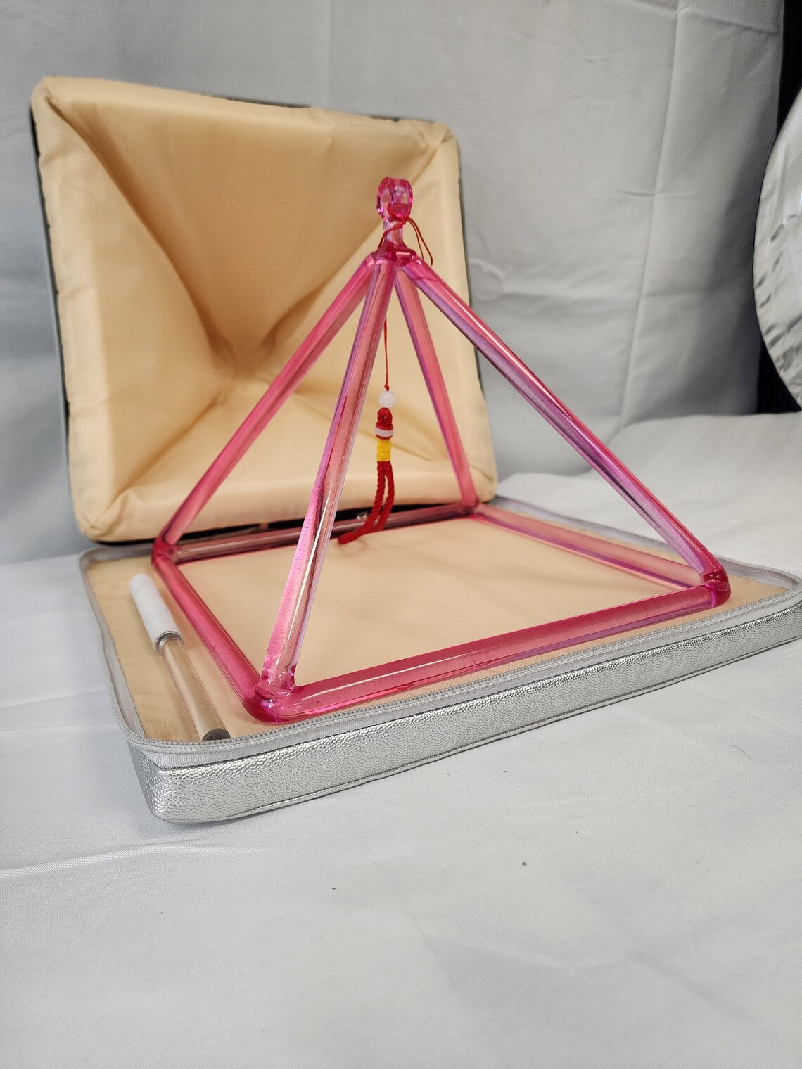 Rare 10" Light Color Rose Pink Crystal Singing Pyramid With Carrying CASE And Crystal Rubber Mallet Love, Compassion, and Emotional Balance - Thecosmicaccess