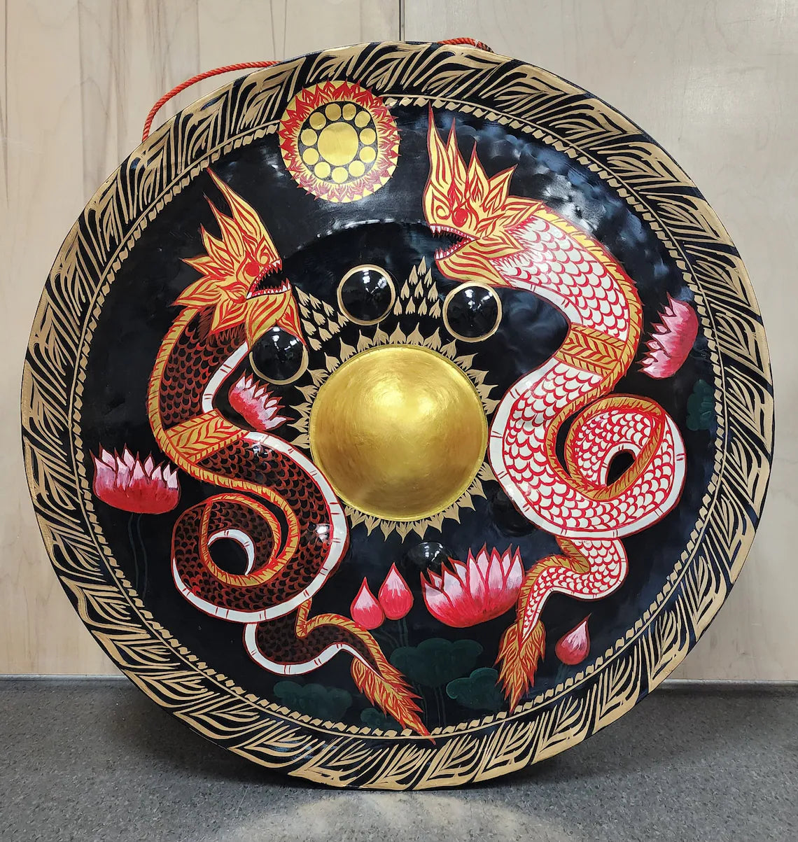 38-inch 90 cm Large Double Colorful Dragon Gong - Sound Bath, Healing, Deep Resonating Bell, Handmade with Striker for Tranquility Harmony - Thecosmicaccess