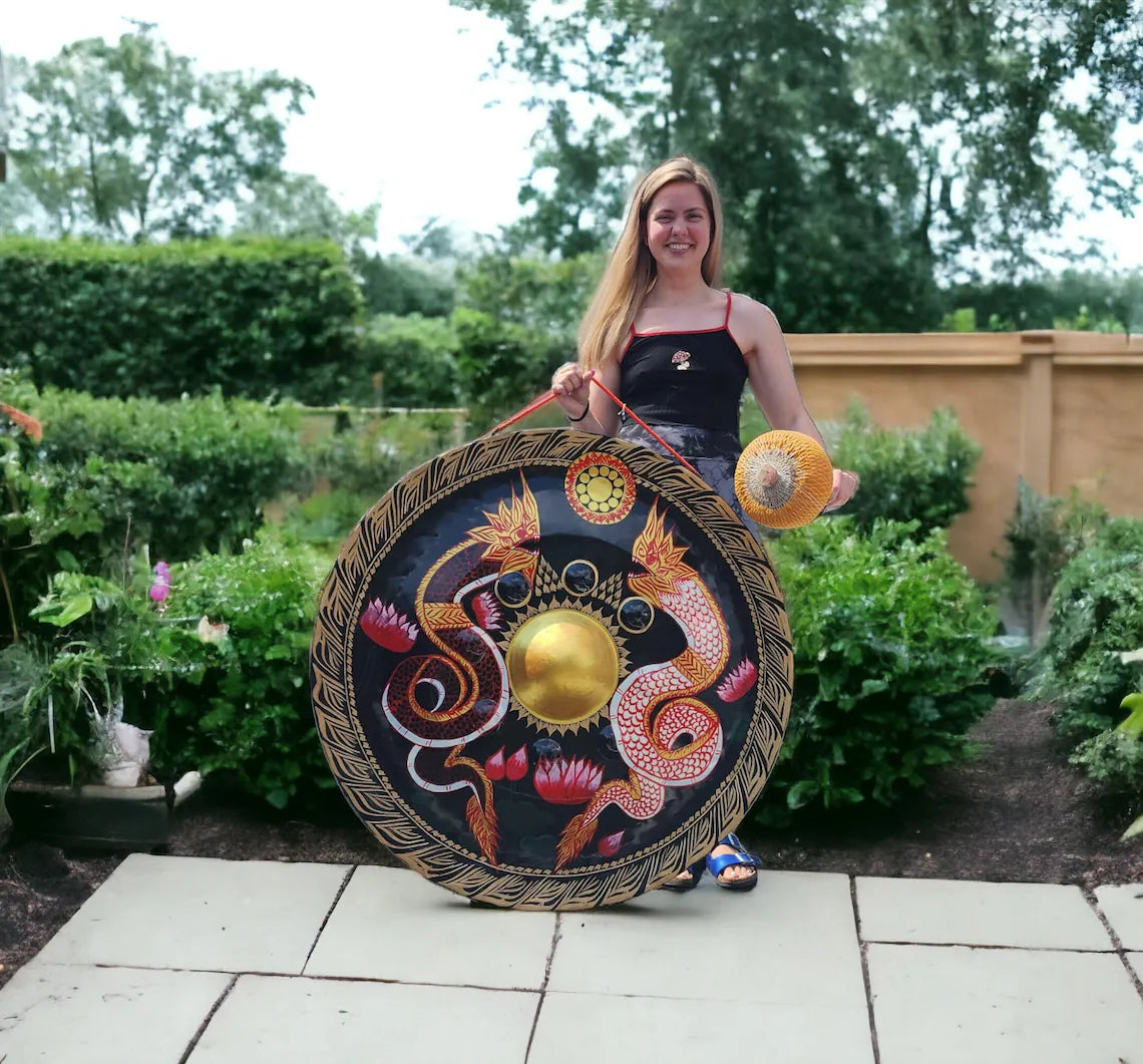 38-inch 90 cm Large Double Colorful Dragon Gong - Sound Bath, Healing, Deep Resonating Bell, Handmade with Striker for Tranquility Harmony - Thecosmicaccess