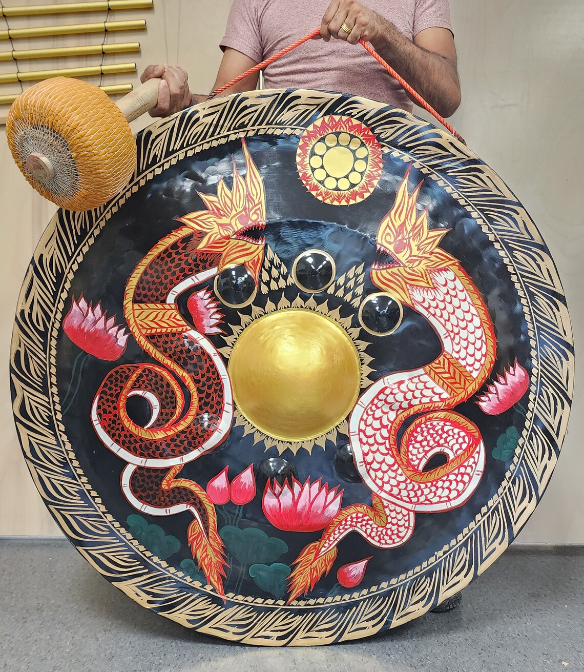 38-inch 90 cm Large Double Colorful Dragon Gong - Sound Bath, Healing, Deep Resonating Bell, Handmade with Striker for Tranquility Harmony - Thecosmicaccess