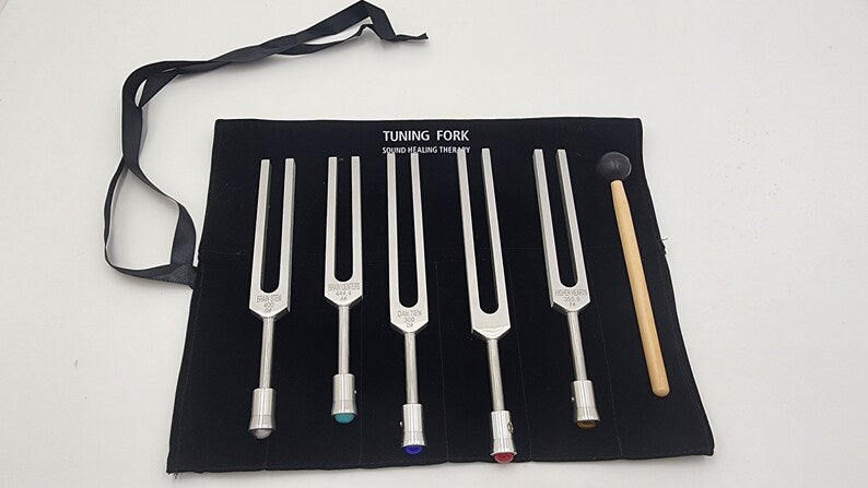 Unweighted Sharp Tuning Fork Set of 5 with Gem Feet - Sound Healing, Vibrational Therapy, Chakra Balancing - Thecosmicaccess