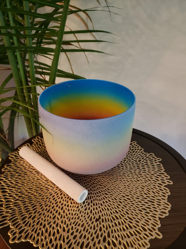 432Hz G Note 7 Inch 4th Octave Rainbow Throat Chakra Crystal Singing Bowl with Striker O-ring, Sound Healing, Meditation - Thecosmicaccess