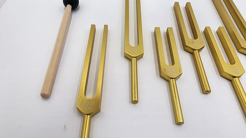 Kabbalah Unweighted Gold Color Tuning Fork Set with Striker and Velvet Bag - Divine Wisdom and Healing Tones