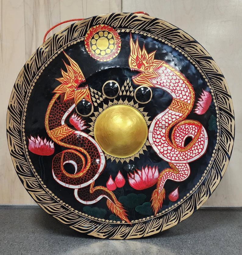 38-inch 90 cm Large Double Colorful Dragon Gong - Sound Bath, Healing, Deep Resonating Bell, Handmade with Striker for Tranquility Harmony - Thecosmicaccess