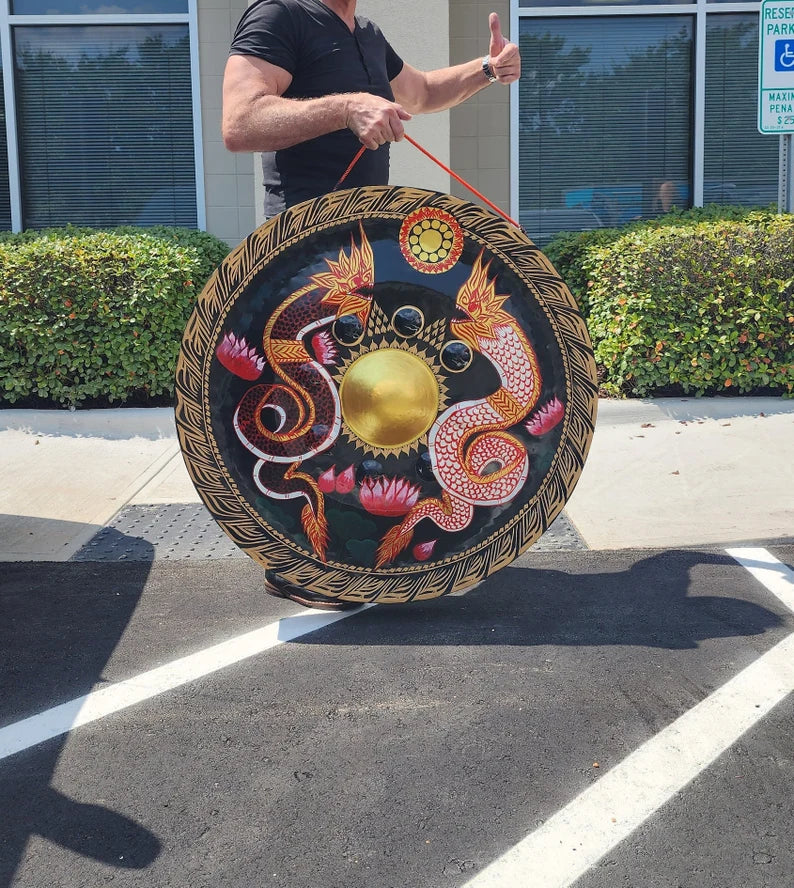 38-inch 90 cm Large Double Colorful Dragon Gong - Sound Bath, Healing, Deep Resonating Bell, Handmade with Striker for Tranquility Harmony - Thecosmicaccess